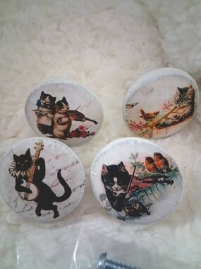 Set of 4 Vintage-Inspired Cat Drawer Knobs - Floral & Musical Designs